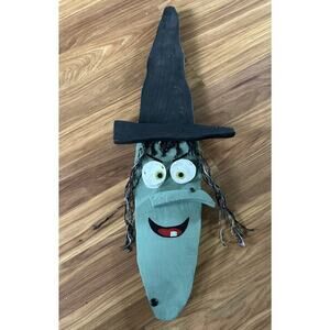Folk Art Carved Wooden Witch Wall Face Painted Halloween Heavy Wood Decor Wicked
